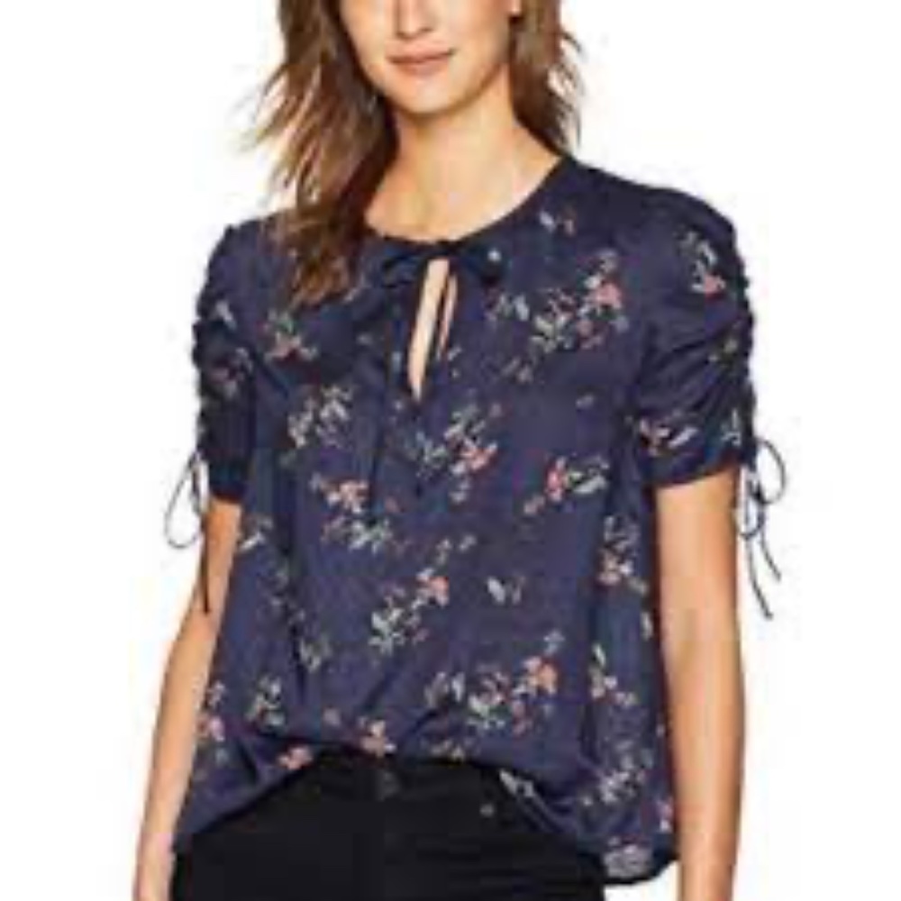 Lucky Brand tie sleeve blue floral blouse size M